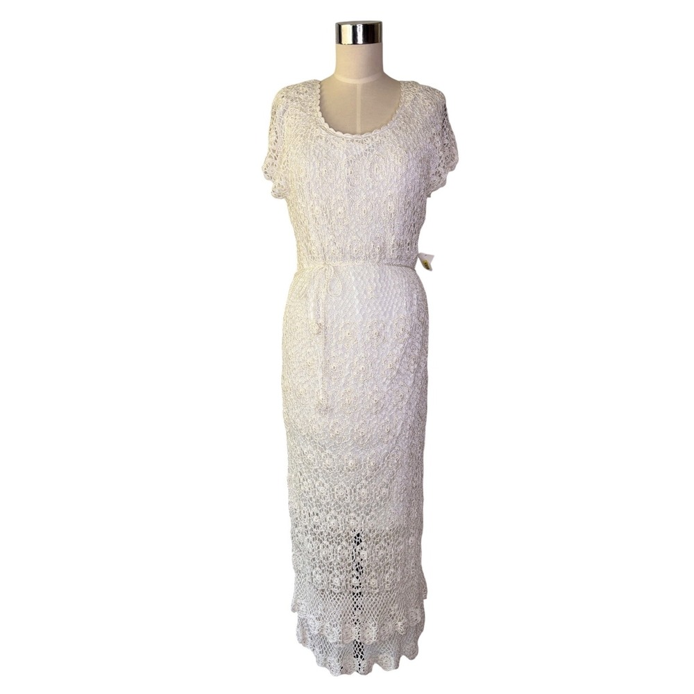 Vintage 1990s Krochetta by Papillon White Crochet Lace Maxi Dress PXL NWT